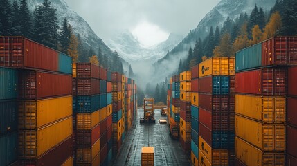 Fototapeta premium Colorful shipping containers stacked in a mountainous port with fog and autumn foliage