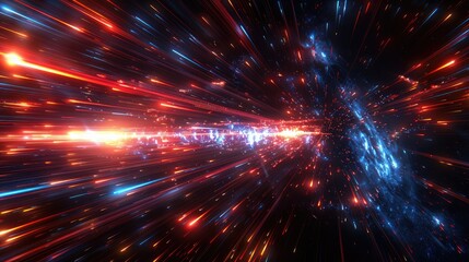 Naklejka premium A vibrant depiction of space-time travel with colorful light streaks and cosmic elements.