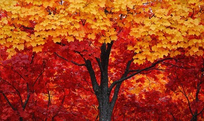 A vibrant display of autumn foliage with red and orange leaves on trees.