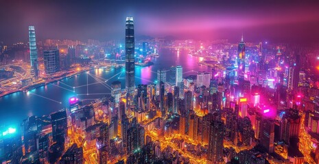 Obraz premium Vibrant Hong Kong Nightscape: A Dazzling Aerial View