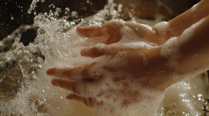 Fototapeta premium Hands washing with soap, creating splashes of water.