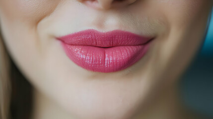 Fototapeta premium Close-up smiling lips, pink lipstick, beauty