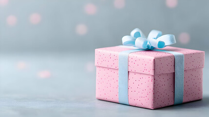 Pink gift box with blue ribbon, bokeh background, celebration