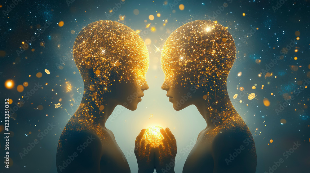 Poster gemini:the twins discover the mesmerizing world of digital art showcasing two illuminated figures, s