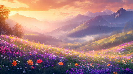 Serene meadow at dusk with vibrant wildflowers golden hour lighting ethereal mist and rolling hills in a tranquil atmospheric and dreamlike landscape. Mystic Meadow. Illustration