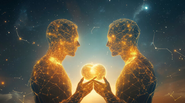 Gemini:The Twins Futuristic digital art depicting interconnected figures amidst a cosmic background, symbolizing unity, technology, and networked communication.