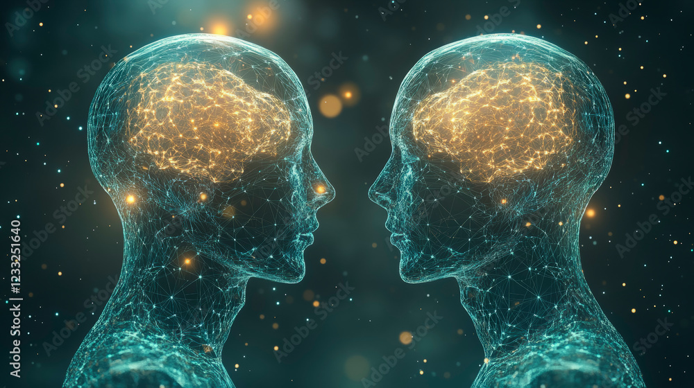 Poster gemini:the twins artificial intelligence concept with digital human heads, neural networks glowing. 