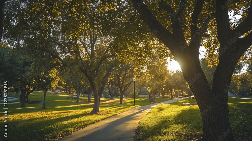 Poster sunlight filtering through trees in a park casting long shadows on the path