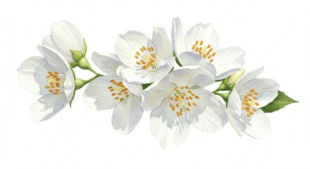Obraz premium Exquisite Watercolor Painting of Jasmine Blossoms Delicate White Flowers Botanical Illustration