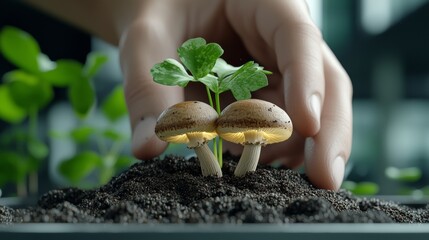 Delightful 3D Cartoon Animation Featuring a Person Holding a Small Plant with a Small Mushroom to Inspire Nature Appreciation