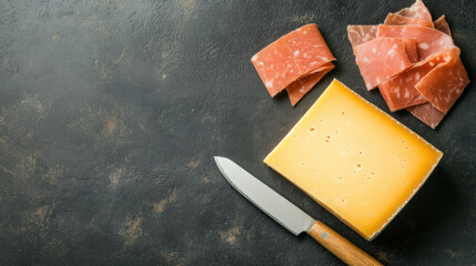 Ham cheese, A high-resolution image of a knife slicing through a block of smoked gouda cheese, perfect for culinary and food-related content.