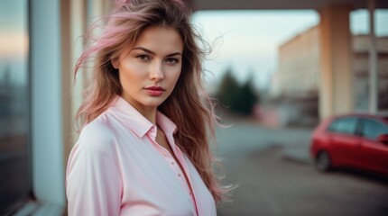 Fototapeta premium Woman in classy white gown gazes softly with windblown hair 