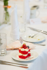 Red mini cream cake, sweet table, sweet snacks