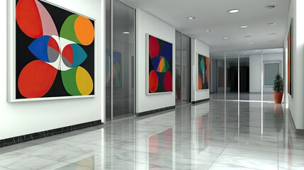 Modern art hallway, abstract paintings, bright interior, marble floor, office building, corporate design