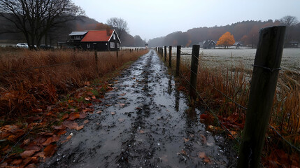 Muddy path autumn landscape, rural house background, nature walk