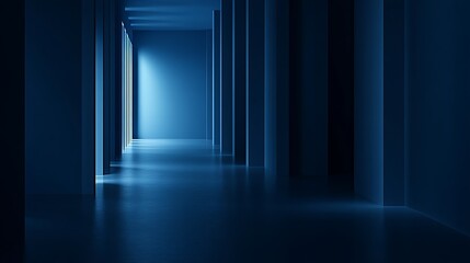 Dark Blue Hallway with Reflective Floor and Pillars