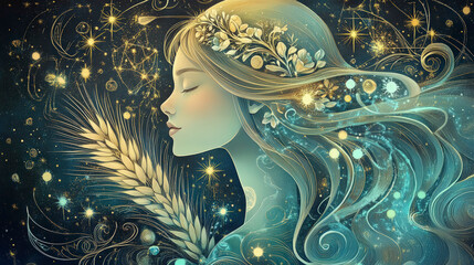 Virgo: The Maiden Mystical celestial woman with flower crown and flowing hair. Stars and nature elements symbolize serenity and cosmic harmony.