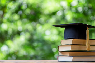 Graduation cap and books stacked on a wooden surface with a blurred green background