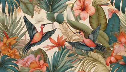 Vibrant Tropical Wallpaper Design featuring Exotic Leaves, Flowers, Hummingbirds, and Flamingos A Stunning Artistic Masterpiece Showcasing the Beauty of the Tropics at Dusk