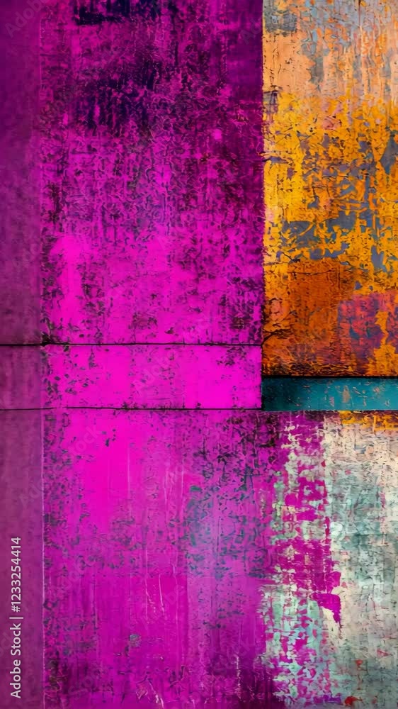 Poster vibrant abstract wall art display featuring bold colors and textured patterns in an urban setting