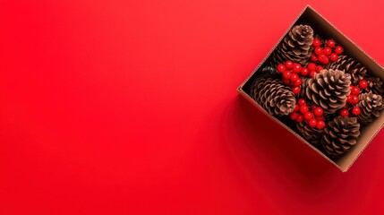 Festive Pinecones and Berries in a Box on Vibrant Red Background