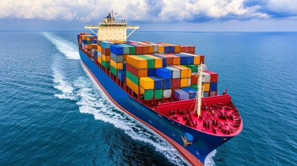 Large Cargo Ship Navigating Open Water with Colorful Containers