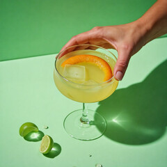 Refreshing Citrus Cocktail with Orange Garnish in Elegant Glass with Lime on Vibrant Jade Background