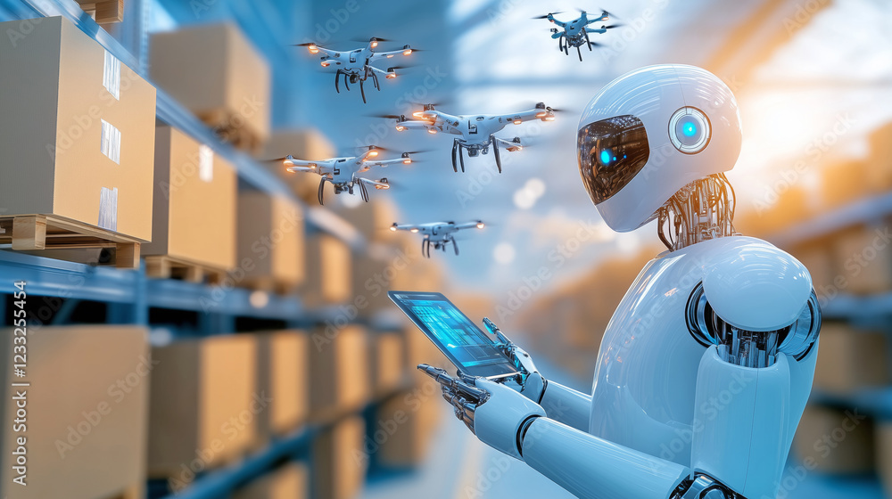 Poster robots and drones collaborate in a modern warehouse setting