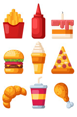 Set of fast food flat style design vector illustrations 