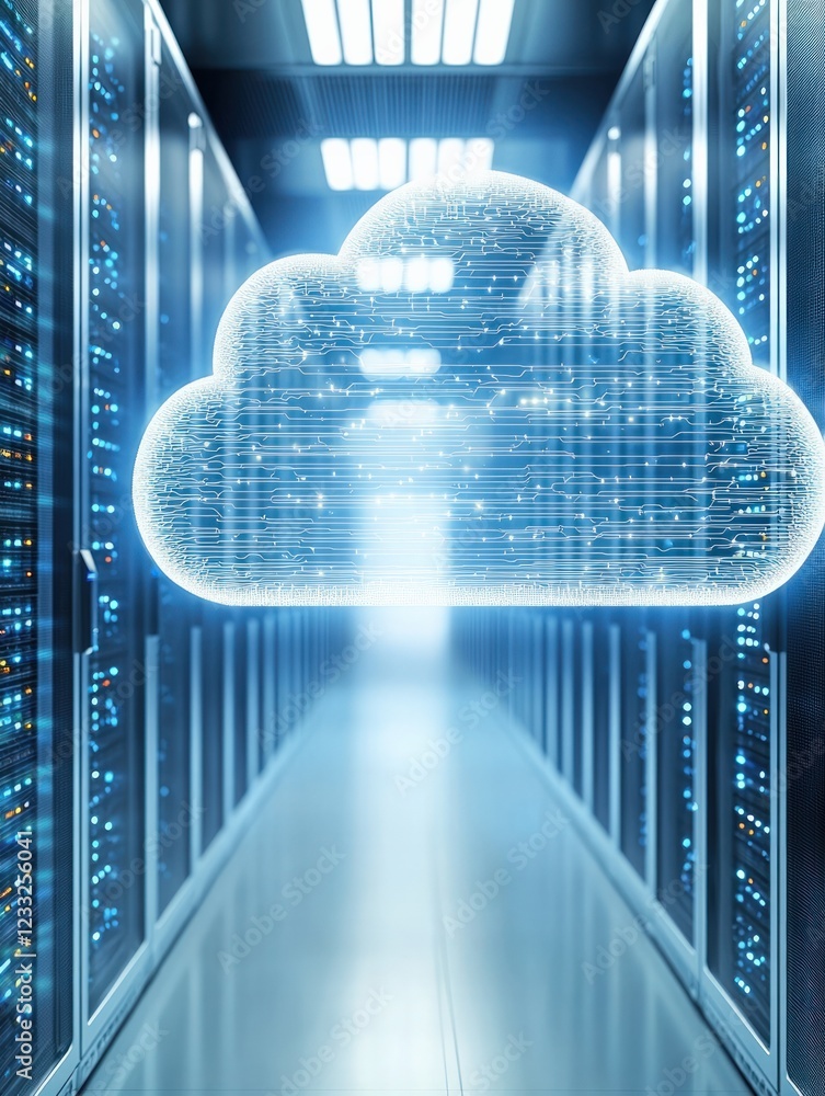 Poster digital representation of cloud storage over modern data servers in high-tech environment