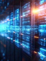Fototapeta premium Futuristic Digital Data Flow and Server Visualization in a High-Tech Environment