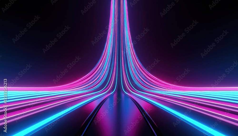 Poster Dynamic 3D Loop Animation Abstract Pink and Blue Neon Ribbons Ascending in a Futuristic Backdrop A Vibrant Exploration of Light and Color in Digital Art