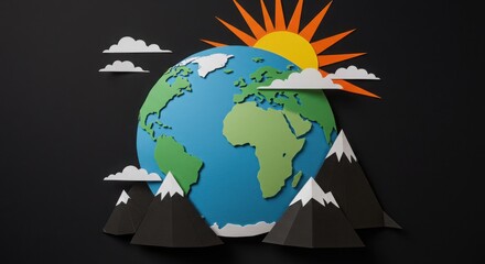 Naklejka premium Artful globe with papercraft mountains, clouds, and sun, a conceptual piece of generative art, Generative AI