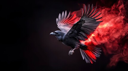 Obraz premium Majestic Black Bird in Flight with Fiery Smoke Effect Background