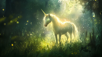 A mystical unicorn glowing with ethereal light standing in an enchanted meadow. Mystic Meadow. Illustration