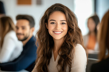 Smiling professional woman in business attire during a corporate meeting, enhancing workplace motivation and productivity. Office teamwork concept.