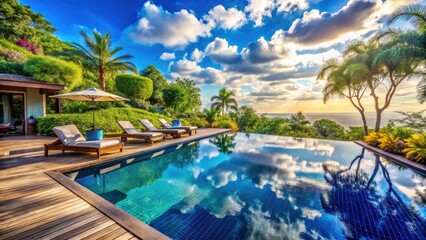 Serene Panoramic View of a Swimming Pool Deck Surrounded by Lush Greenery and Crystal Clear Water, Ideal for Luxury Outdoor Living Spaces, Summer Retreats, and Relaxation Ideas