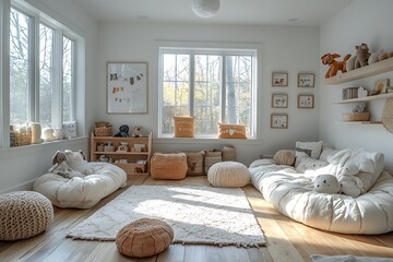 A white wall serves as the room's backdrop, creating a clean and neutral atmosphere that accommodates various activities and decorative choices.