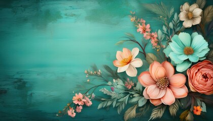 Vibrant Blooms in a Turquoise Shabby Chic Setting, Illuminating a Serene and Elegant Scene Filled with Delicate Textures and Rich Colors.