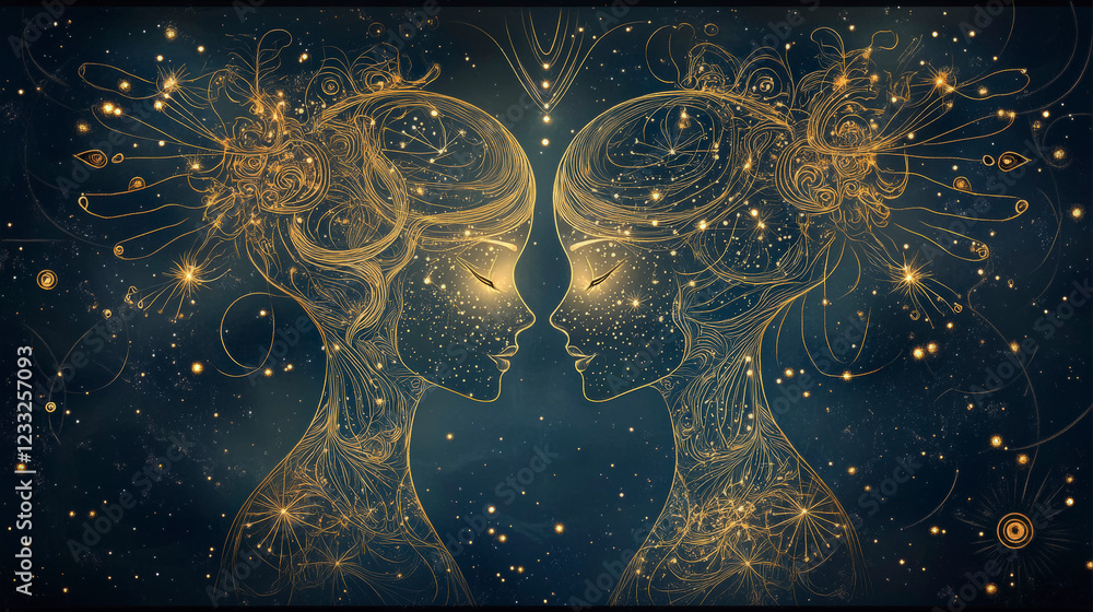 Poster gemini:the twins digital art showcases two mystical figures intertwined with golden ethereal pattern