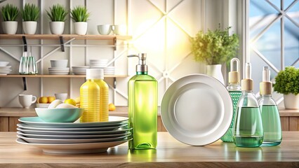 Sparkling Clean Dishwashing Liquid Bottle and Cookware in Minimalist Style for Modern Kitchens, Bright and Airy Aesthetic, Focus on Cleanliness and Simplicity