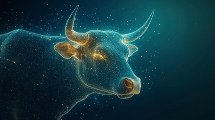 Obraz premium Taurus:The Bull Digital bull artwork glowing in cosmic space, showcasing futuristic design and creativity, perfect for technology and innovation enthusiasts.