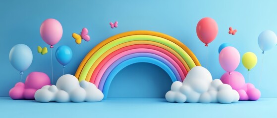 A 3D Rendering Of A Rainbow Archway Surrounded By Pastel-Colored Balloons And Clouds.  It Evokes A Playful And Cheerful Atmosphere.