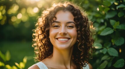 Woman's smile radiates warmth amidst the soft sunlight and lush greenery 