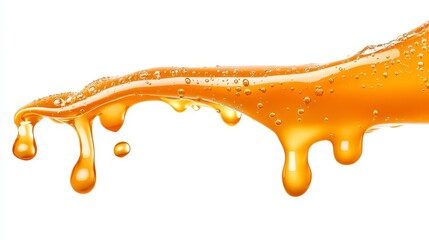 Golden Liquid Flowing with Bubbles and Droplets on White Background