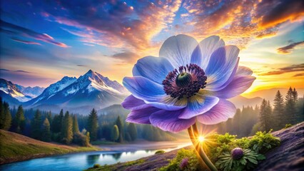 Stunning Double Exposure of Anemone Flower with Nature Landscape, Vibrant Colors, Artistic Photography, Floral Art, Abstract Background, Botanical Beauty, Nature-Inspired Creative Imagery
