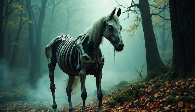 A skeletal horse with glowing eyes stands in a misty autumn forest.  The scene evokes a dark fantasy atmosphere.