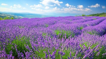 Fototapeta premium A vast field of purple lavender flowers with rolling hills under a blue sky