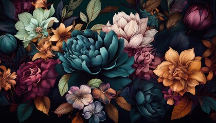 Elegant Mixed Bloom Arrangement in Dark, Atmospheric Tones Perfect for Stylish Interiors and Artful Backgrounds