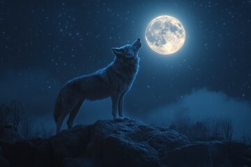 Majestic Wolf Howling at the Moon Under a Starlit Night